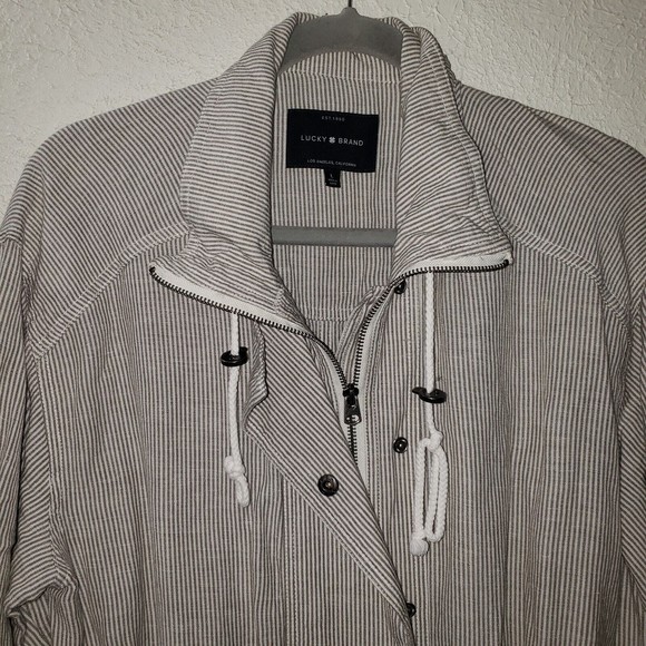 Lucky Brand Sz L Women's Linen Blend Striped Jacket Full Zip Waist Drawstring - Picture 2 of 12